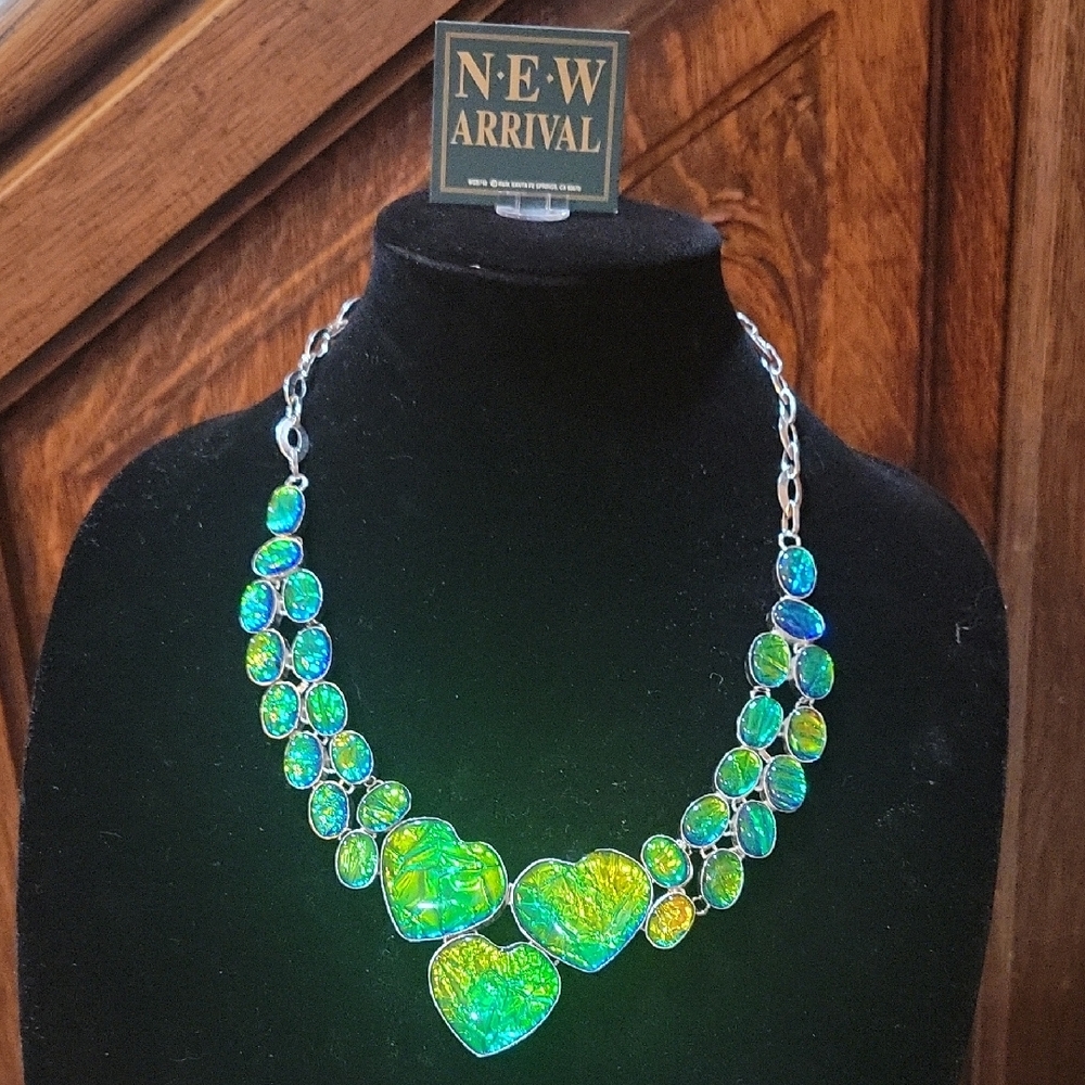 Heart Iridescent Ammolite Look Sterling Silver Statement Necklace 18"